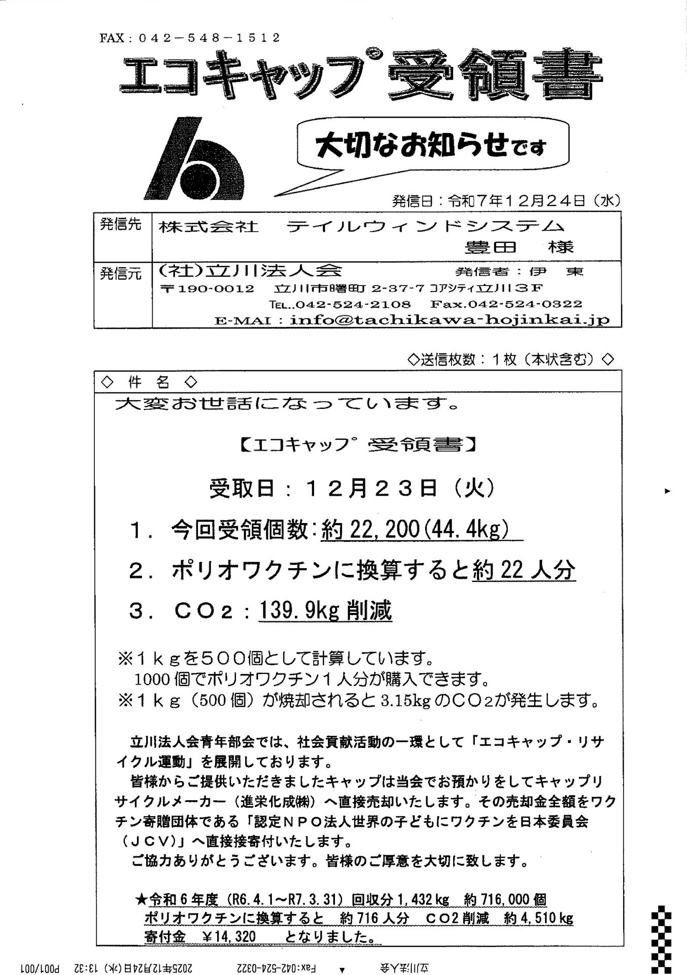 エコキャップ受領書